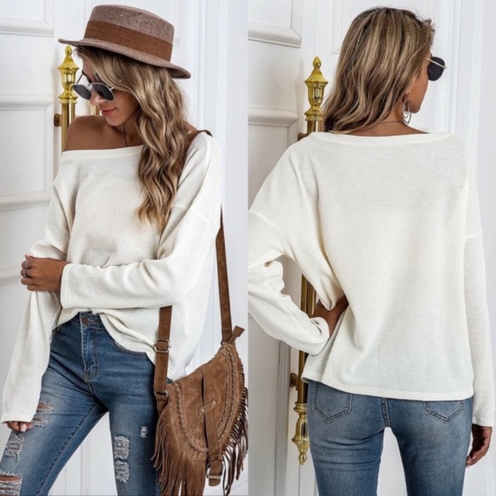 apricot oversized off shoulder waffle knit top - Picture 10 of 15